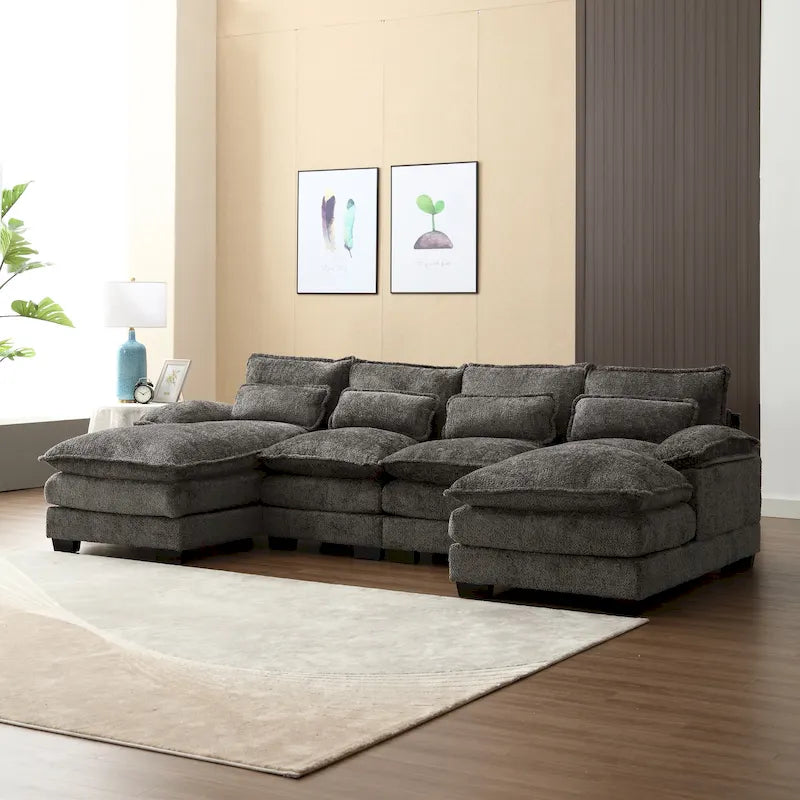 Canapé modulable en U moderne gris, grand, avec coussins amovibles et coussins décoratifs
