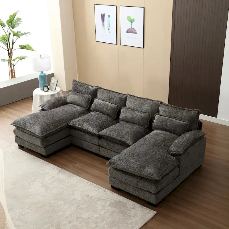 Canapé modulable en U moderne gris, grand, avec coussins amovibles et coussins décoratifs