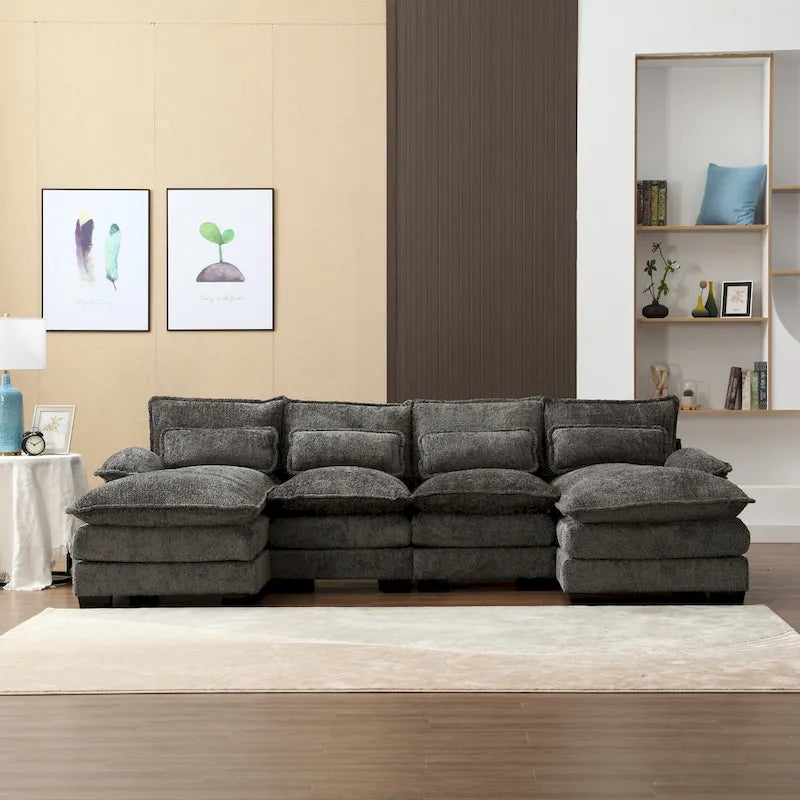 Canapé modulable en U moderne gris, grand, avec coussins amovibles et coussins décoratifs