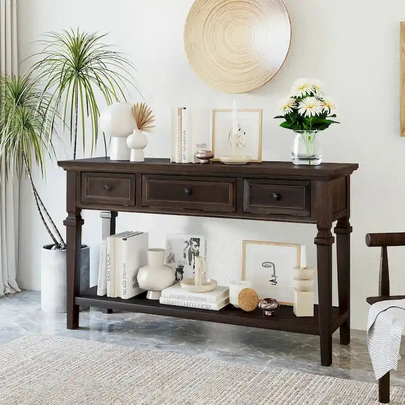 Console en bois massif de style vintage avec 3 tiroirs, étagère inférieure, poignées métalliques rétro 50 L, plusieurs coloris