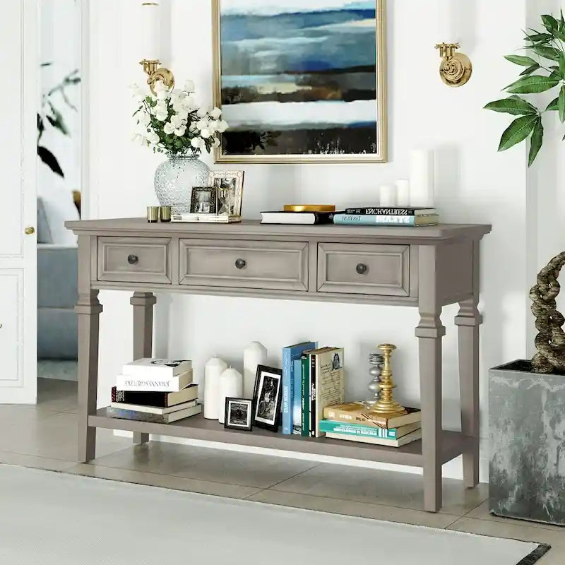 Console en bois massif de style vintage avec 3 tiroirs, étagère inférieure, poignées métalliques rétro 50 L, plusieurs coloris