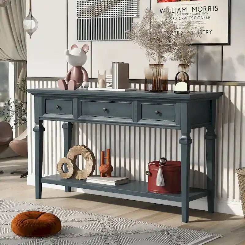 Console en bois massif de style vintage avec 3 tiroirs, étagère inférieure, poignées métalliques rétro 50 L, plusieurs coloris