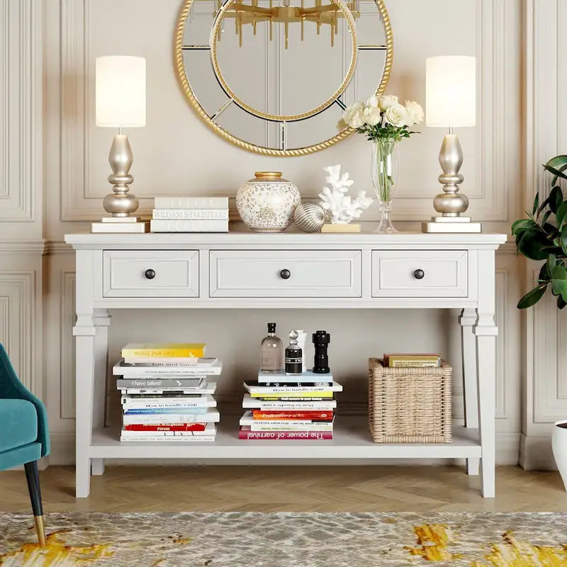 Console en bois massif de style vintage avec 3 tiroirs, étagère inférieure, poignées métalliques rétro 50 L, plusieurs coloris