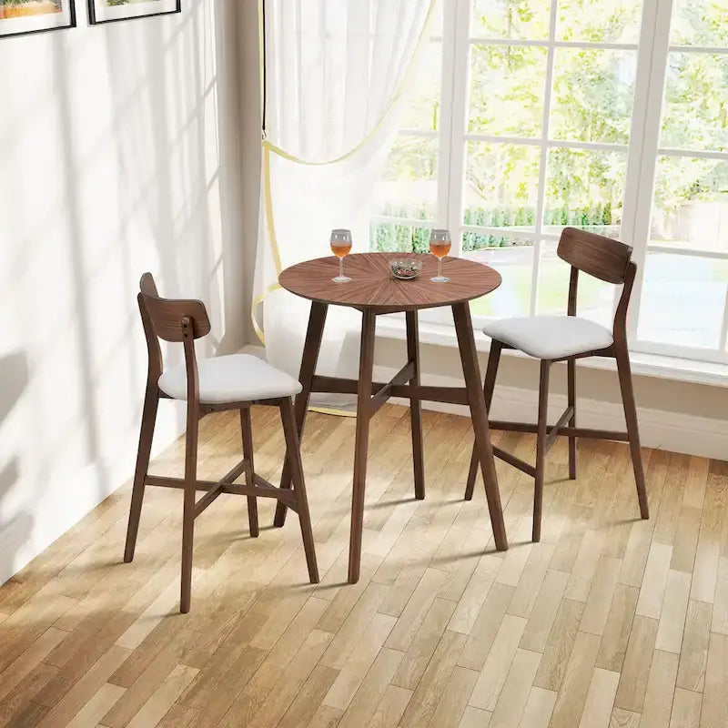 Table de bar ronde moderne de 31,5 po avec pieds en bois massif et barre transversale renforcée, convient pour bar, café, cuisine, salon