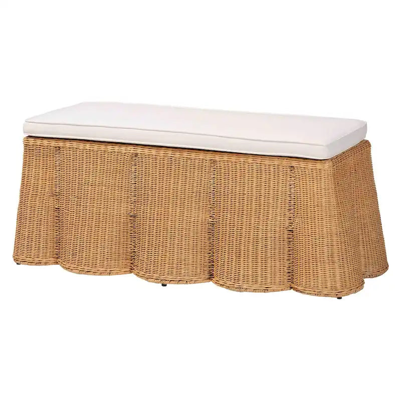 Repose-pieds en rotin naturel Palm Scallop avec coussin - Banc en osier tressé à la main pour salon ou chambre, style bohème côtier, rectangulaire