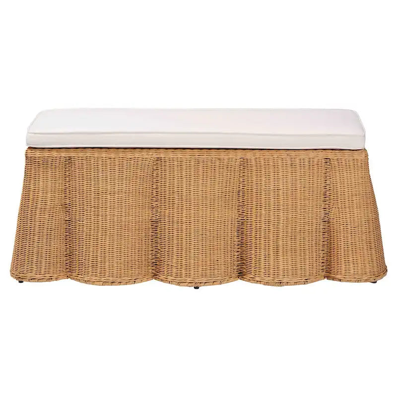 Repose-pieds en rotin naturel Palm Scallop avec coussin - Banc en osier tressé à la main pour salon ou chambre, style bohème côtier, rectangulaire