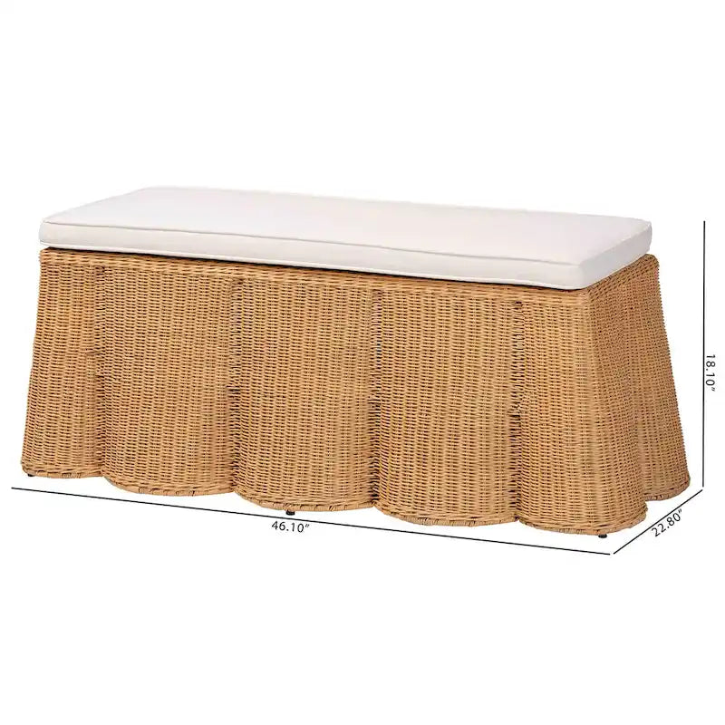 Repose-pieds en rotin naturel Palm Scallop avec coussin - Banc en osier tressé à la main pour salon ou chambre, style bohème côtier, rectangulaire