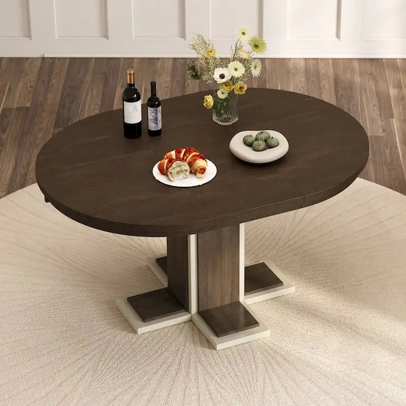 Table à manger ovale extensible vintage, table en bois massif pour 6 personnes dans la cuisine