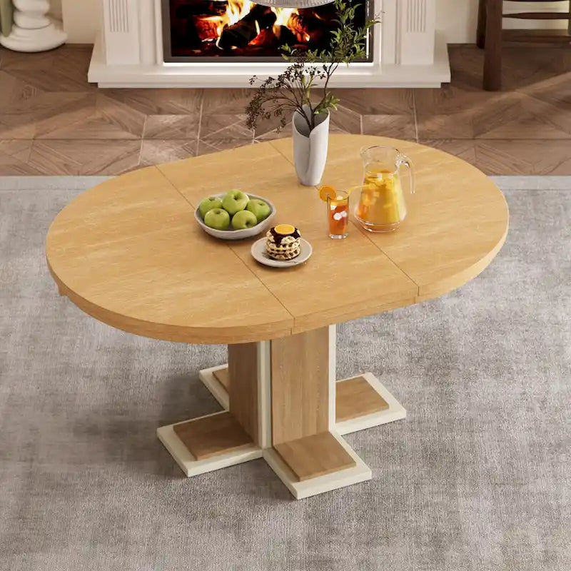 Table à manger ovale extensible vintage, table en bois massif pour 6 personnes dans la cuisine