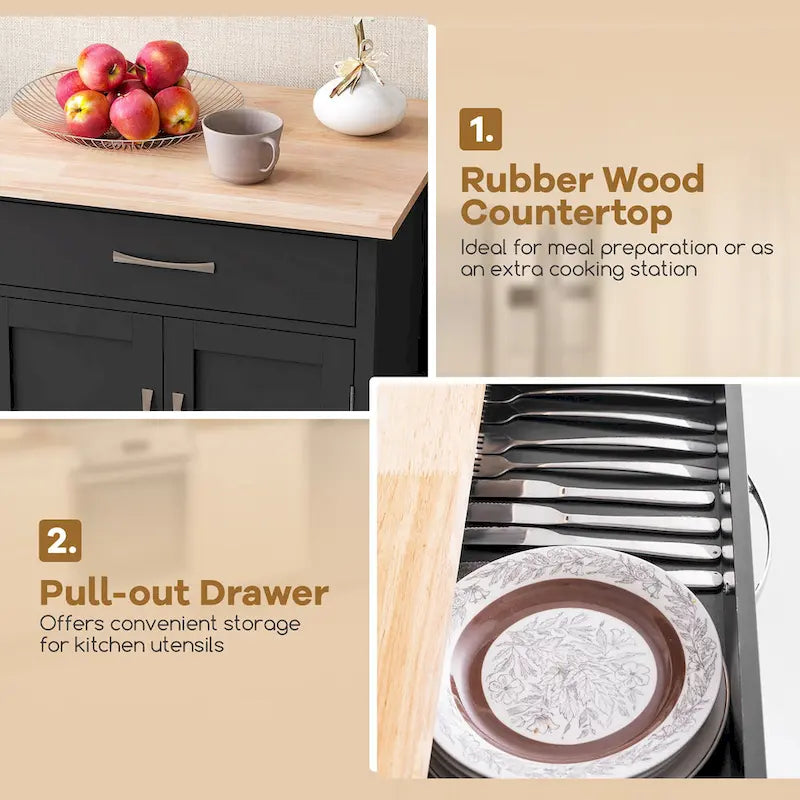 Dessertes de cuisine roulantes avec tiroir et armoire de rangement à 2 portes