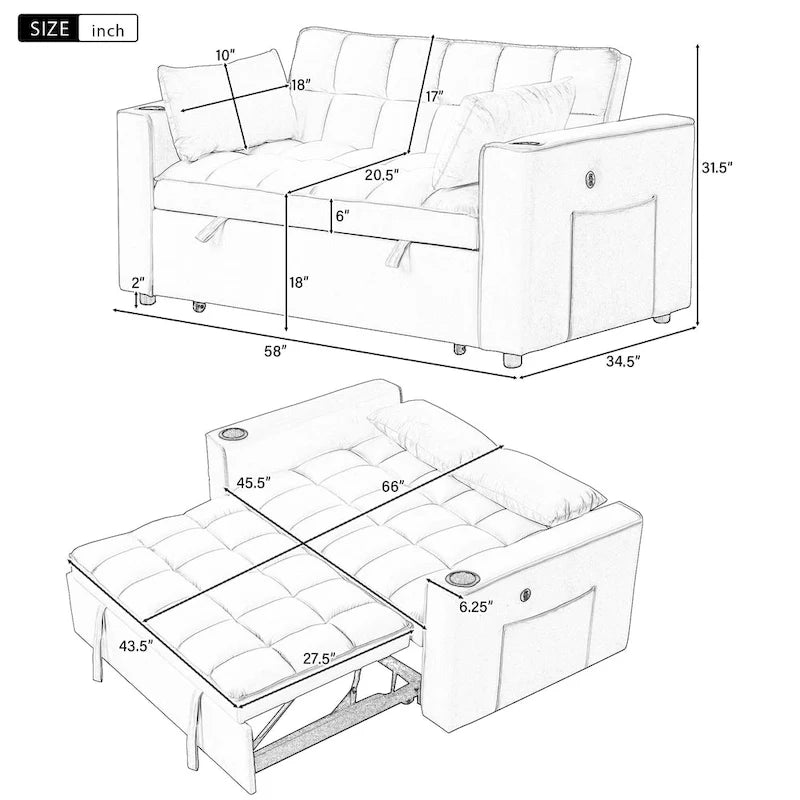 Canapé-lit multifonctionnel 4-en-1 avec porte-gobelet et port USB pour salon ou appartement