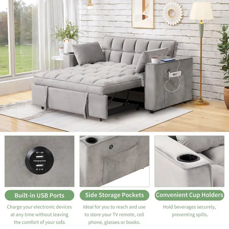 Canapé-lit multifonctionnel 4-en-1 avec porte-gobelet et port USB pour salon ou appartement