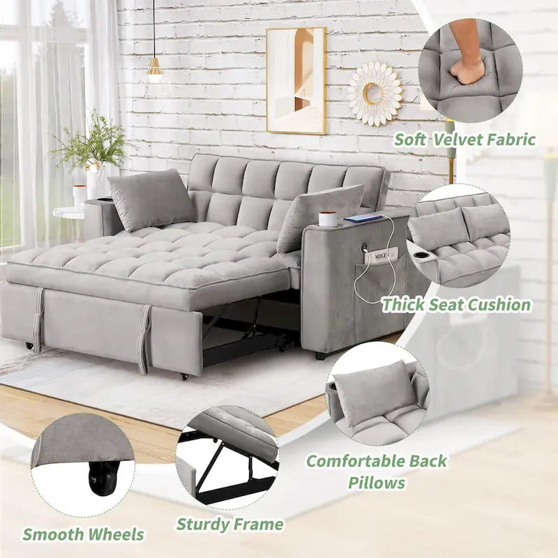 Canapé-lit multifonctionnel 4-en-1 avec porte-gobelet et port USB pour salon ou appartement