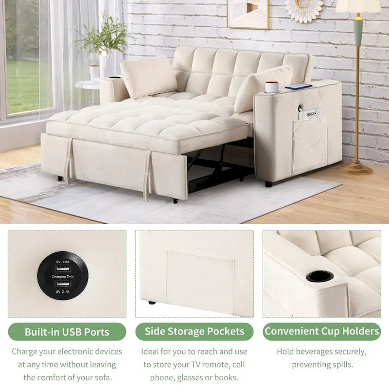 Canapé-lit multifonctionnel 4-en-1 avec porte-gobelet et port USB pour salon ou appartement