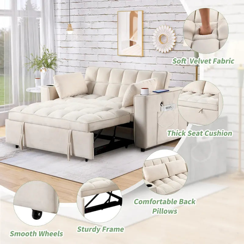 Canapé-lit multifonctionnel 4-en-1 avec porte-gobelet et port USB pour salon ou appartement