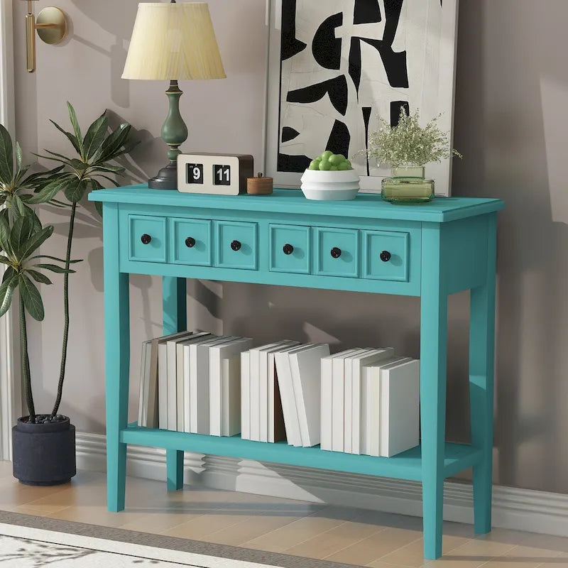 38.2 Table console rustique avec étagère ouverte et trois tiroirs, pieds en bois d'hévéa