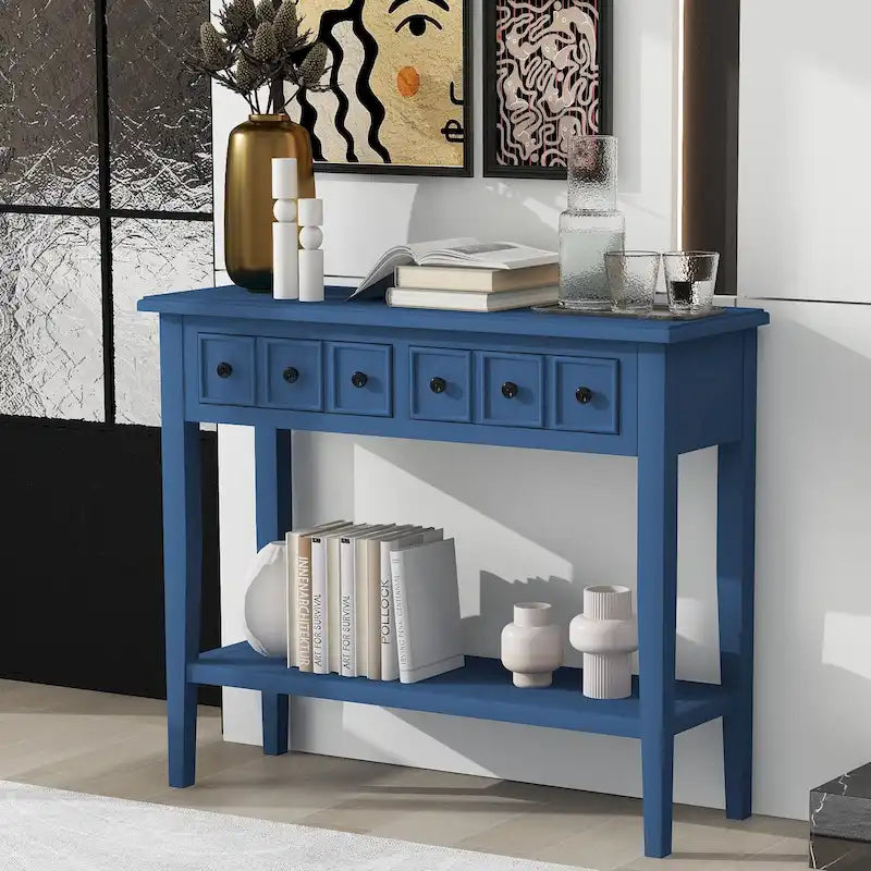 38.2 Table console rustique avec étagère ouverte et trois tiroirs, pieds en bois d'hévéa