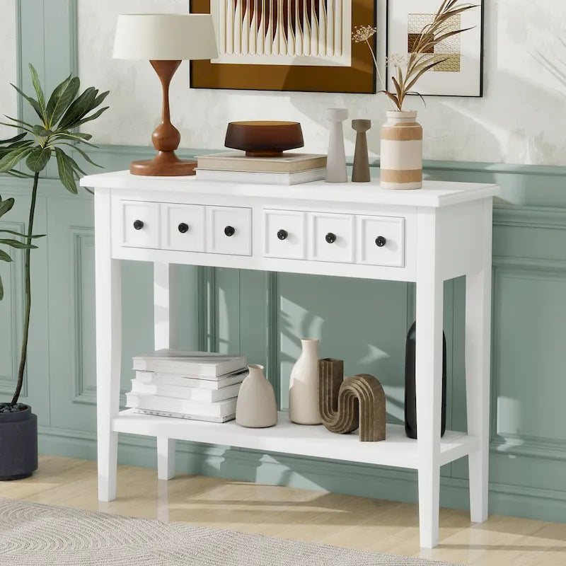 38.2 Table console rustique avec étagère ouverte et trois tiroirs, pieds en bois d'hévéa