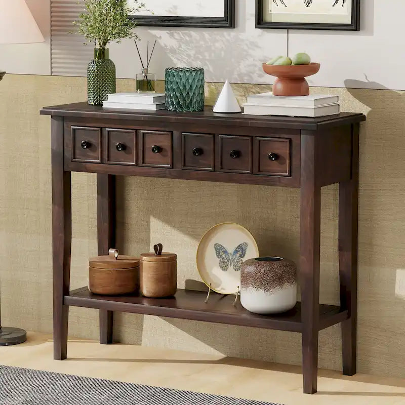 38.2 Table console rustique avec étagère ouverte et trois tiroirs, pieds en bois d'hévéa