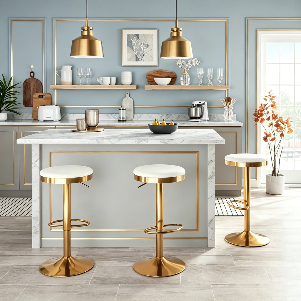 Tabouret de bar en acier doré et cuir blanc