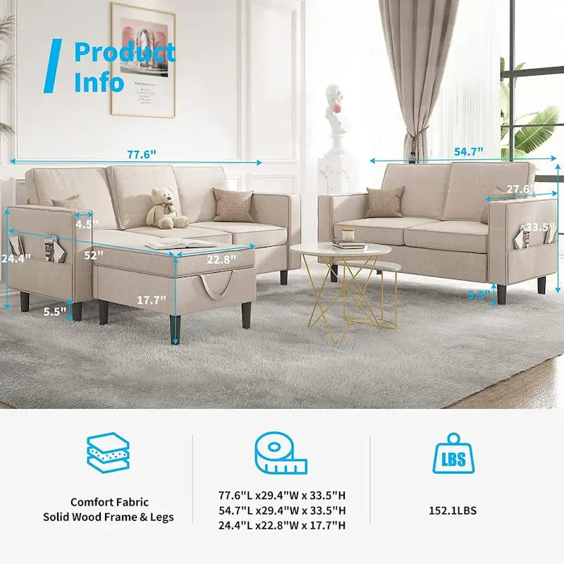 Canapé convertible, 3 places avec méridienne, ottoman