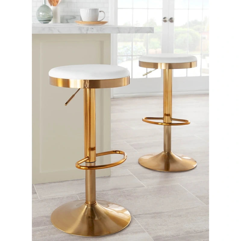 Tabouret de bar en acier doré et cuir blanc