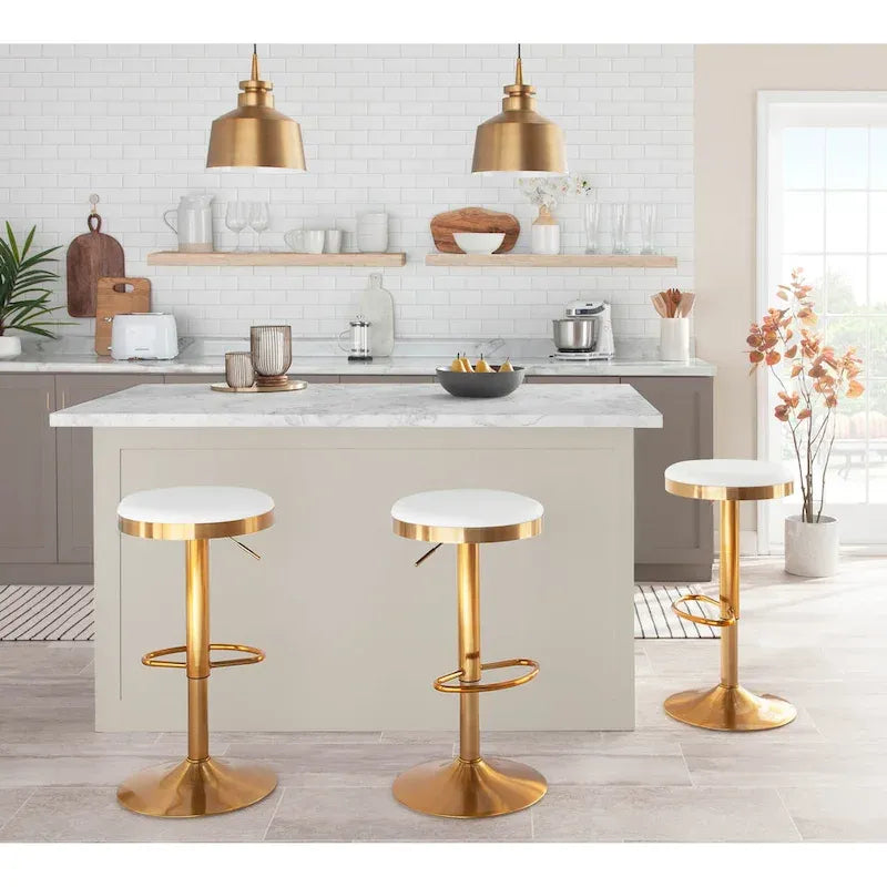 Tabouret de bar en acier doré et cuir blanc