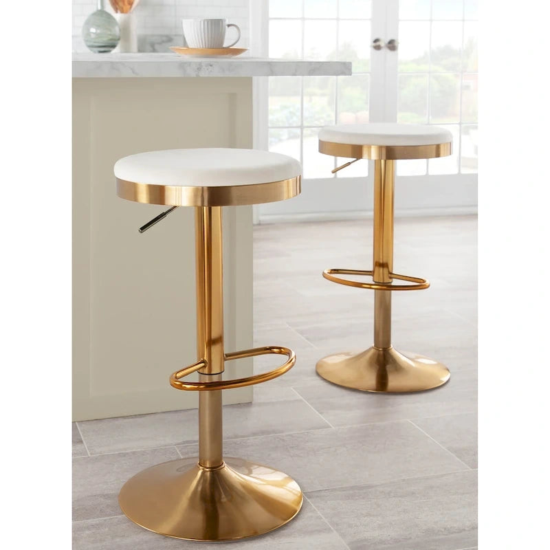 Tabouret de bar en acier doré et cuir blanc