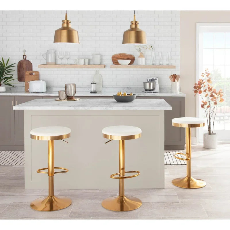 Tabouret de bar en acier doré et cuir blanc