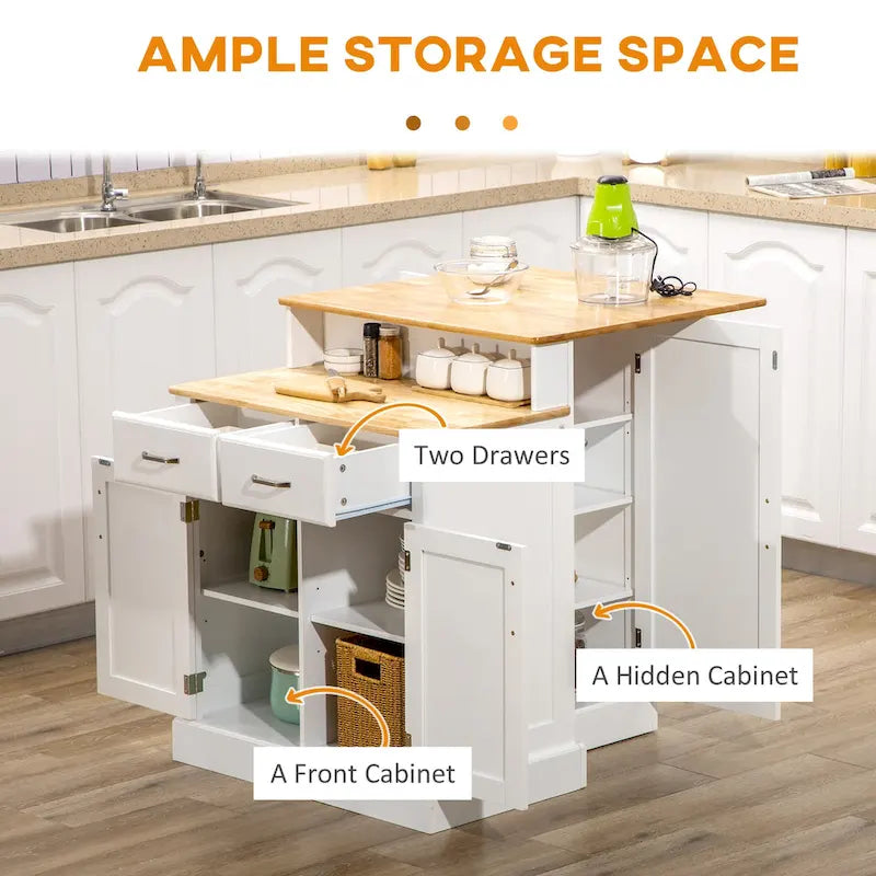 Îlot de cuisine avec armoire de rangement et plateau en bois d'hévéa à 2 niveaux, table îlot avec étagères réglables et tiroirs