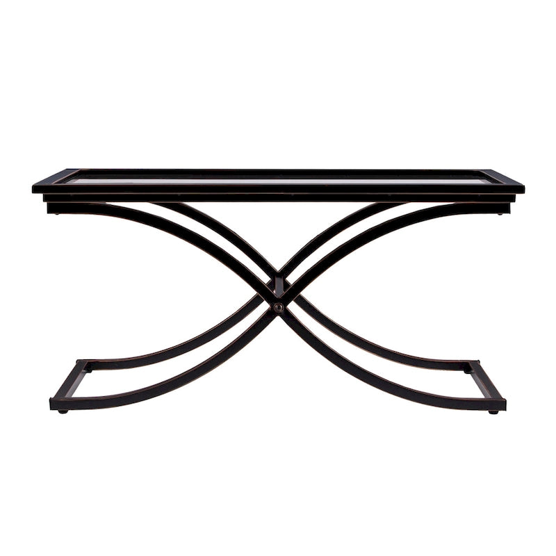 Table basse glamour en métal vieilli noir/cuivre et verre trempé