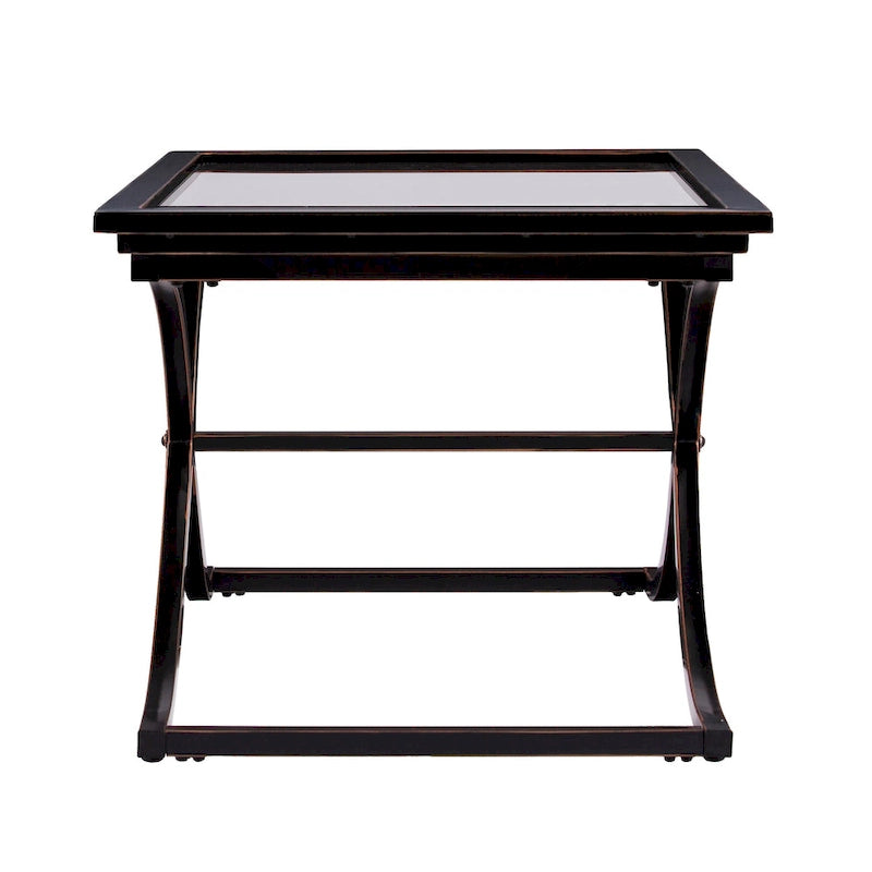 Table basse glamour en métal vieilli noir/cuivre et verre trempé