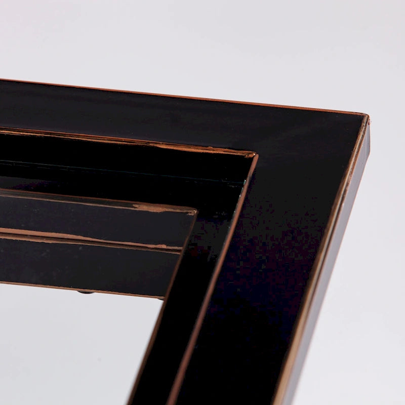Table basse glamour en métal vieilli noir/cuivre et verre trempé