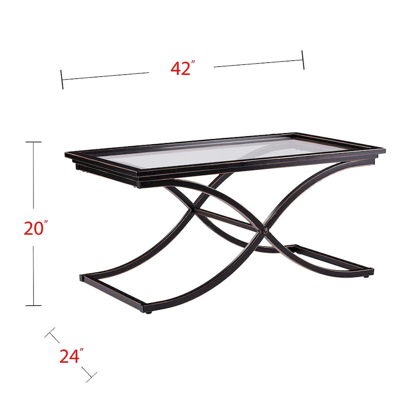 Table basse glamour en métal vieilli noir/cuivre et verre trempé
