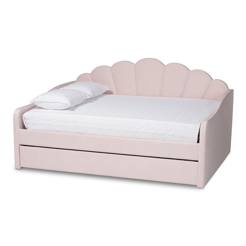 Lit de repos moderne et contemporain en velours rose clair de taille Queen avec lit gigogne