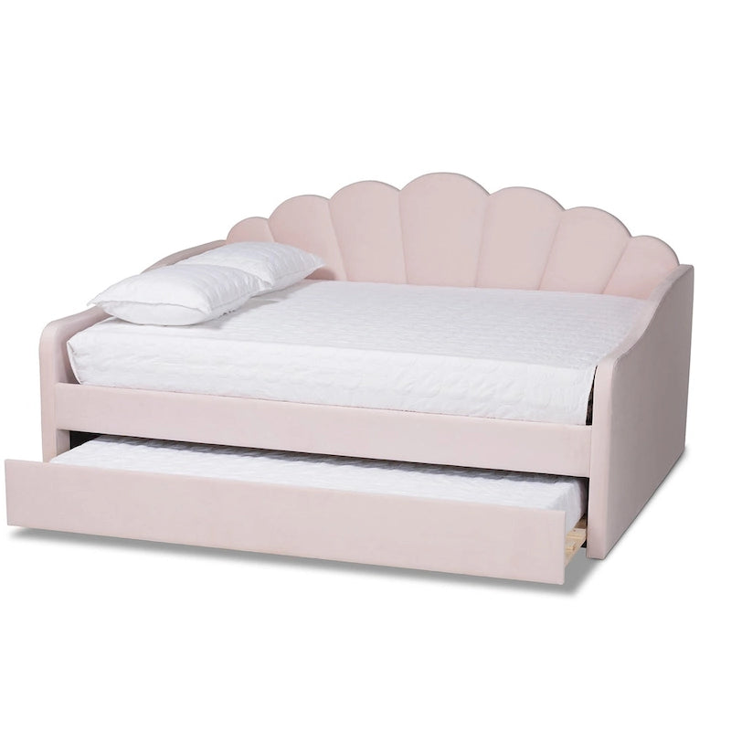 Lit de repos moderne et contemporain en velours rose clair de taille Queen avec lit gigogne