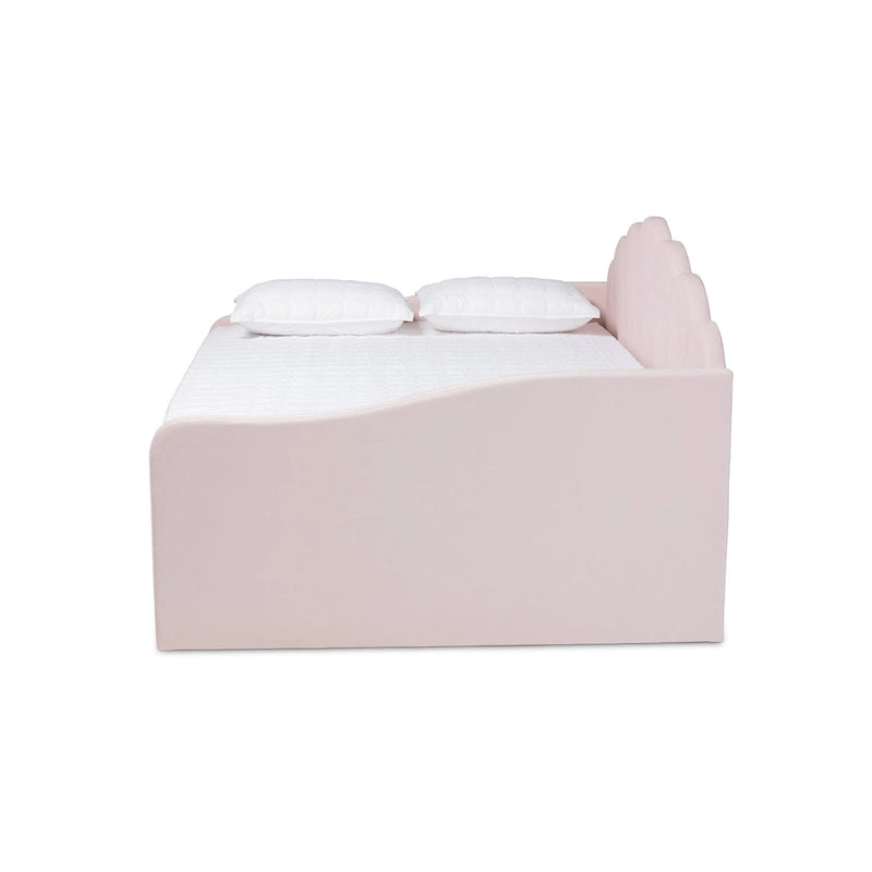 Lit de repos moderne et contemporain en velours rose clair de taille Queen avec lit gigogne