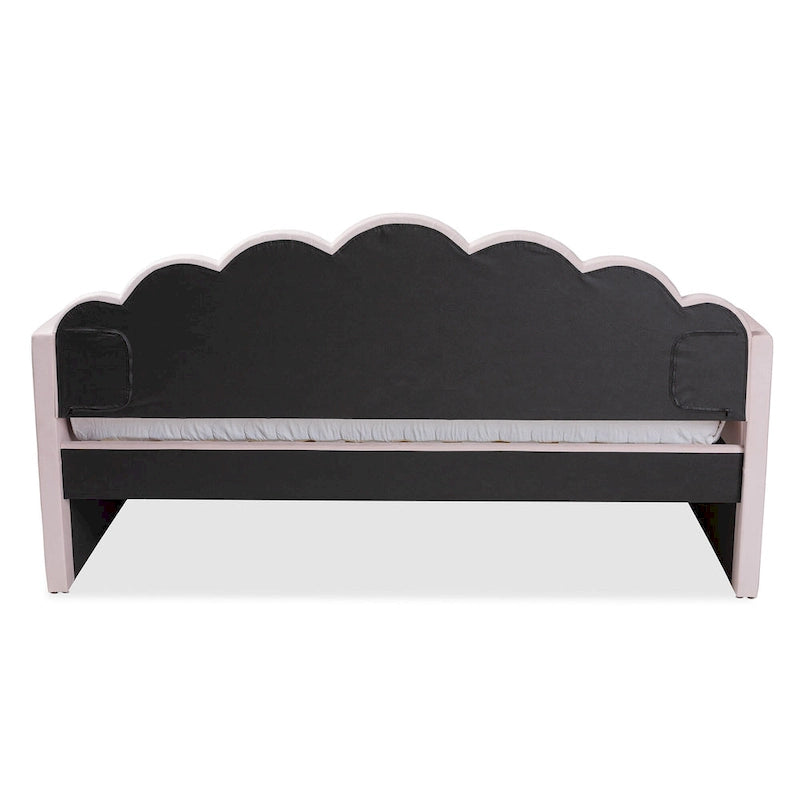 Lit de repos moderne et contemporain en velours rose clair de taille Queen avec lit gigogne