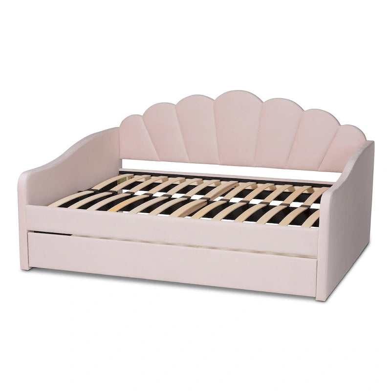 Lit de repos moderne et contemporain en velours rose clair de taille Queen avec lit gigogne