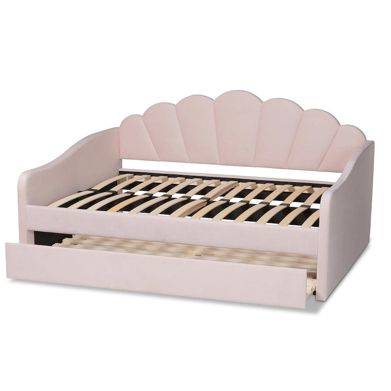 Lit de repos moderne et contemporain en velours rose clair de taille Queen avec lit gigogne