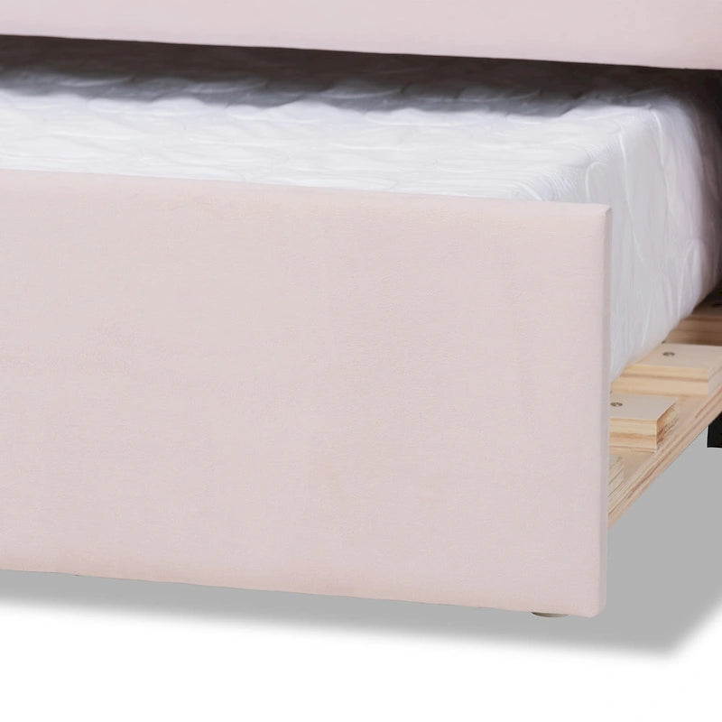 Lit de repos moderne et contemporain en velours rose clair de taille Queen avec lit gigogne
