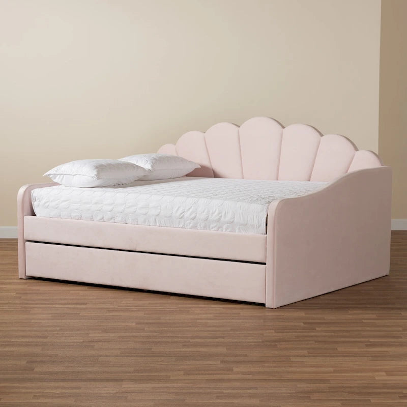 Lit de repos moderne et contemporain en velours rose clair de taille Queen avec lit gigogne