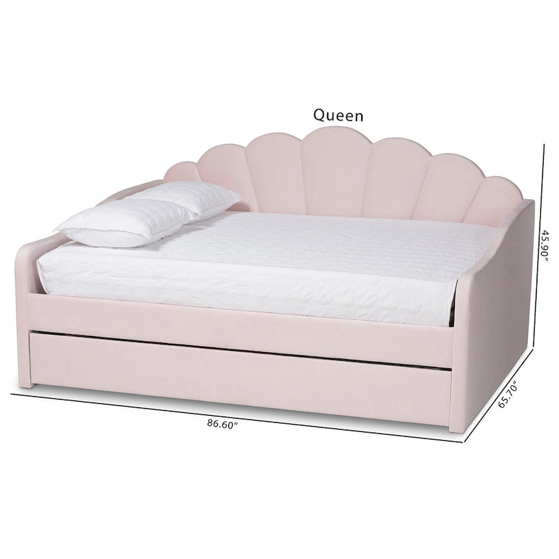 Lit de repos moderne et contemporain en velours rose clair de taille Queen avec lit gigogne