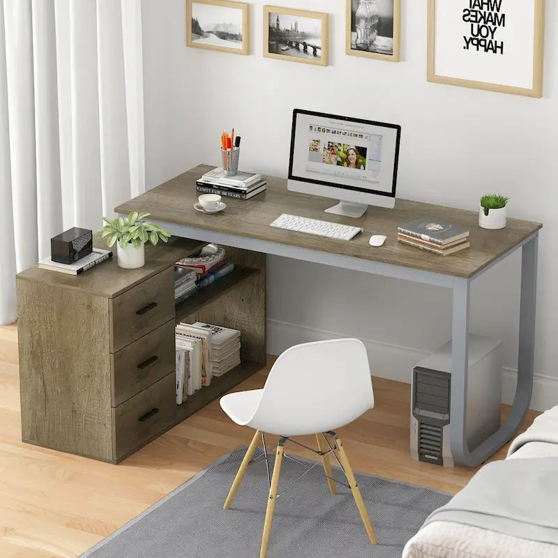 Bureau informatique d'angle en L de 55 pouces avec tiroirs