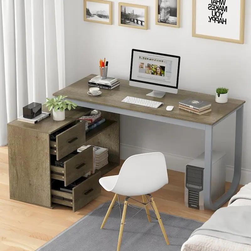 Bureau informatique d'angle en L de 55 pouces avec tiroirs