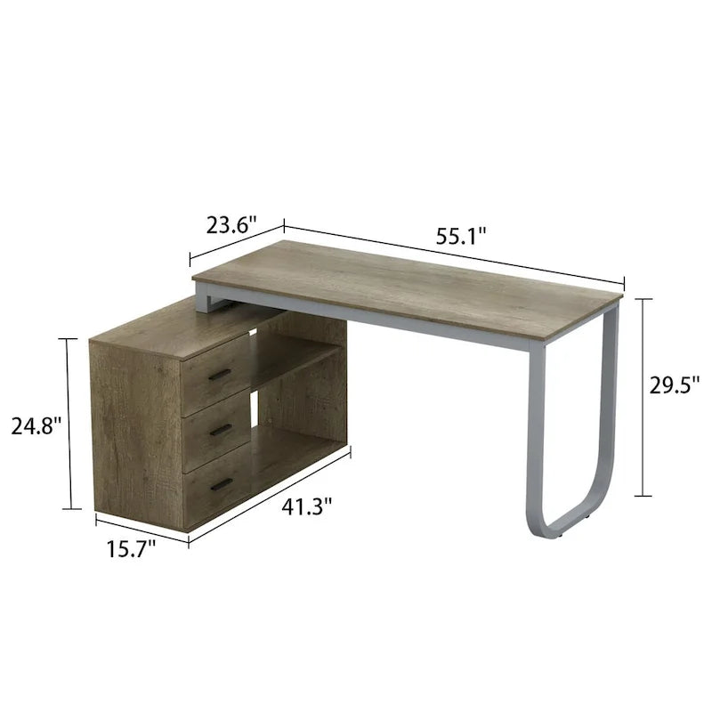 Bureau informatique d'angle en L de 55 pouces avec tiroirs