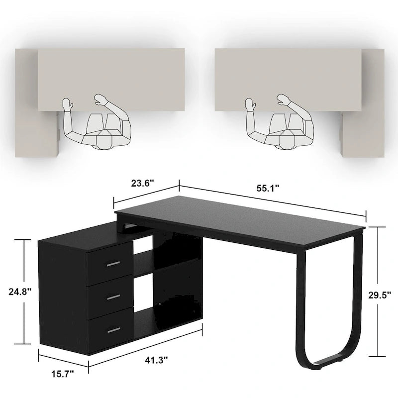 Bureau informatique d'angle en L de 55 pouces avec tiroirs