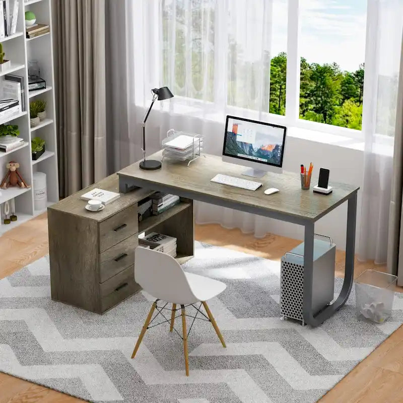 Bureau informatique d'angle en L de 55 pouces avec tiroirs