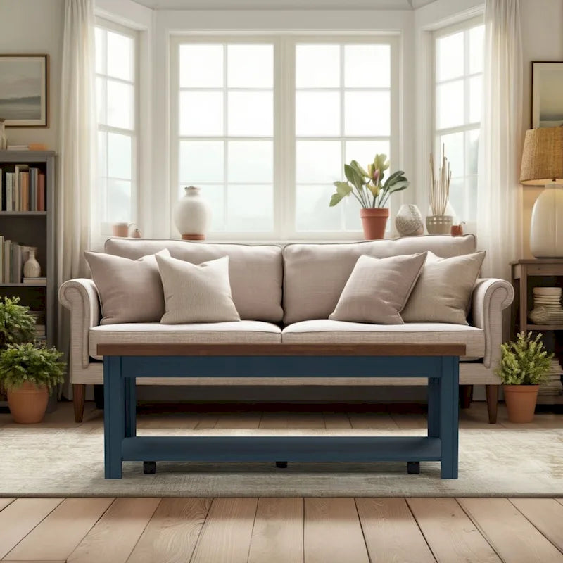 Table basse de 122 cm, aucun assemblage requis, bleu denim et whisky