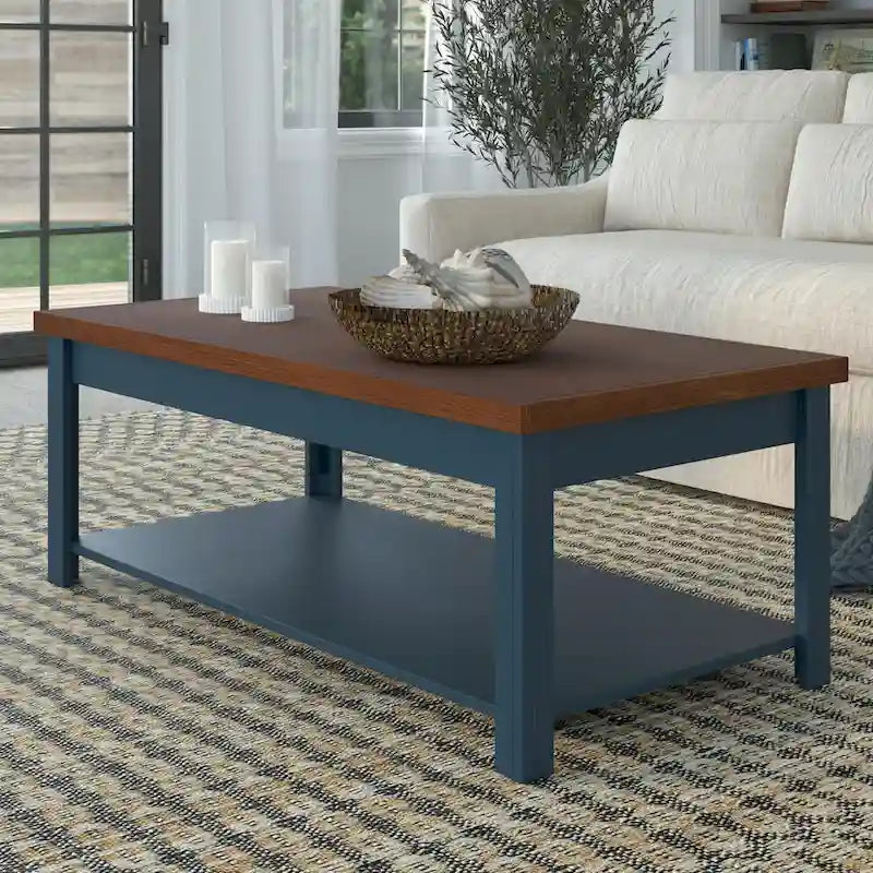 Table basse de 122 cm, aucun assemblage requis, bleu denim et whisky